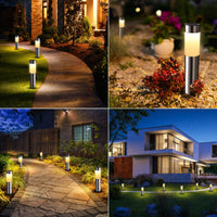 1 x RAW Customer Returns Joomer Solar Lights for Outdoors 4 Pack Stainless Steel LED Solar Lights Garden Outdoor Light Weatherproof Warm White Path Light Cylindrical Garden Light Auto On Off for Patio Lawn Terrace Driveways - RRP €30.99