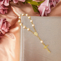 1 x RAW Customer Returns Junkin 30 pieces baptism rose wreath rosary made of acrylic ivory colored mini finger baptism rosaries artificial pearls with organza bag for baptism weddings party gifts gold  - RRP €26.21