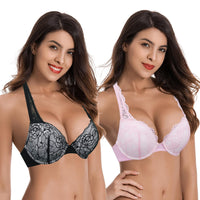 1 x RAW Customer Returns Curve Muse Women s Plus Size Add 1 and a Half Push Up Convertible Underwire Lace Bras - 2 Pack-Black,Pink-125C-V2 - RRP €46.99