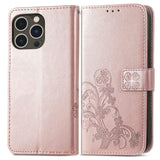 1 x RAW Customer Returns RankOne Leather Case for Smartphone, Compatible with iPhone 15 Pro 6.1 Inches , Wallet Case with 3 Card Slots 1 Coin Pocket Four-Leaf Clover Pattern - Rose Gold - RRP €21.6