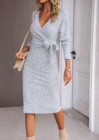 1 x RAW Customer Returns ZIYYOOHY Women s Sexy Sweater Dress V-Neck Vertical Stripes Plain Knitted Tie Dress Midi Dress S, Grey  - RRP €34.27