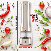 1 x RAW Customer Returns Salt and pepper mill - 2-piece spice mill set electric made of stainless steel with ceramic grinder for Himalayan salt, peppercorns and spices - with LED and FREE stand - RRP €37.98