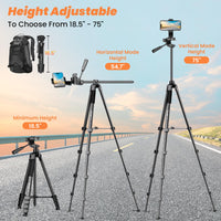 1 x RAW Customer Returns Nineigh 190cm Camera Tripod, Mobile Tripod with Transverse Central Column, Lightweight Aluminum Tripod with Phone Holder and Remote Control for iPhone Samsung Huawei Camera - RRP €33.06