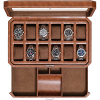 1 x RAW Customer Returns ROTHWELL 12-Compartment Leather Watch Box with Valet Drawer - 12 Compartment Luxury Watch Case, Display Organizer, Microsuede Insert, Men s Accessories Holder, Jewelry Box, Jewelry Display Organizer Tan Brown  - RRP €149.95