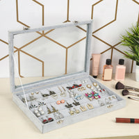 1 x RAW Customer Returns BELLE VOUS Jewelry Organizer Earrings Jewelry Box Gray Velvet Box Lid 40 Slots - Jewelry Storage 4 Levels Jewelry Box with Viewing Window as Earring Holder, Stud Earrings Storage - RRP €21.29