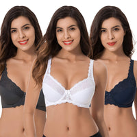 1 x RAW Customer Returns Curve Muse Plus Size Minimizer Underwire Unlined Bra with Embroidered Lace - 3 Pack-Navy,White,Slate-90D - RRP €48.99