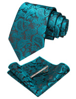 1 x RAW Customer Returns JEMYGINS Men s deep aqua blue tie in silk Paisley design in different colors for gala dinner with handkerchief and tie clip - RRP €24.0