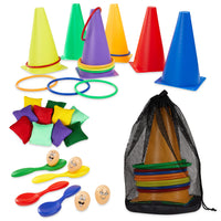 1 x RAW Customer Returns Outdoor games for children, set for birthday, party, fair, sports, day, eggs, running, in bag, children, hoops and cones, animation, birthday, children, outdoor, garden 4-in-1 set  - RRP €35.99