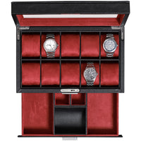 1 x RAW Customer Returns ROTHWELL Leather Watch Box 10 Compartments with Drawer Luxury Watch Case with Soft Cushion Lockable Jewelry Watch Holder with Large Glass Lid Black Red  - RRP €127.71