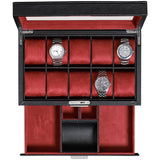 1 x RAW Customer Returns ROTHWELL Leather Watch Box 10 Compartments with Drawer Luxury Watch Case with Soft Cushion Lockable Jewelry Watch Holder with Large Glass Lid Black Red  - RRP €127.71