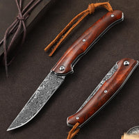 1 x RAW Customer Returns Omesio two-hand knife 42a compliant damascus pocket knife legal, EDC high-quality wooden handle folding knife - forged Vg10 damascus steel sharp narrow knife - RRP €38.6