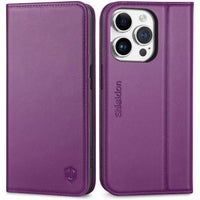 1 x RAW Customer Returns SHIELDON Case for iPhone 15 Pro, Cell Phone Case Genuine Leather Compact TPU Card Slot Magnet Stand RFID Blocker Shockproof Protective Case Leather Case Compatible with iPhone 15 Pro 5G 6.1 - Purple - RRP €30.99