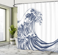 1 x RAW Customer Returns ABAKUHAUS Japanese Wave Shower Curtain, Oriental Vintage, Textile Fabric Bathroom Decoration Set with Hooks, 79 x 87 , Navy Blue White - RRP €26.46