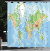 1 x RAW Customer Returns ABAKUHAUS World Map Shower Curtain, Topographic Education, Fabric Bathroom Decor Set with Hooks, for Bathtub, 175cm x 240cm, Aqua Green - RRP €30.36