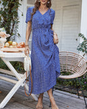 1 x RAW Customer Returns Women s Summer Long Dress V-Neck Short Sleeve Floral Maxi Dress A-Line Ruffle Summer Dress Slit Belt Boho Beach Dress Wrap Dress 2023, C Blue, XL - RRP €38.4