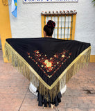 1 x RAW Customer Returns La Senorita Spanish Flamenco Dance Shawl Black Gold Orange with Golden and Black Fringes - flecos doble - RRP €26.04