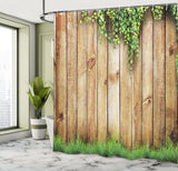 1 x RAW Customer Returns ABAKUHAUS Rustic Shower Curtain, Wooden Garden Fence, Fabric Bathroom Decoration Set with Hooks, 79 x 94 , Green Brown - RRP €29.99