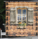 1 x RAW Customer Returns ABAKUHAUS Rustic Shower Curtain, View from Mountain Cabin, Textile Bathroom Decor Set with Hooks, 79 x 94 , Brown Green - RRP €30.2