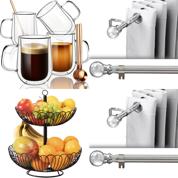 Brand New Pallet - Coffee glasses , Chefarone Fruit Stands, Extendable Curtain Rods & more ... -120 Items - RRP €2143.87