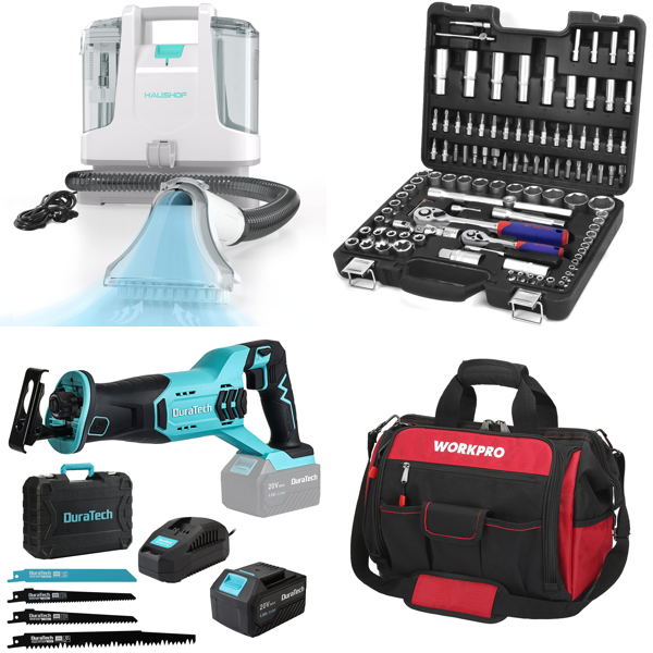 RAW Customer Returns Pallet - HAUSHOF Vacuum Cleaner Carpet Cleaner, DURATECH Cordless Sabre Saw, ORKPRO Socket Wrench Set , WORKPRO Electrician Waterproof Tool Bag - 18 Items - RRP €2009.82