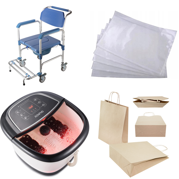 RAW Customer Returns Job Lot Pallet - Shower Chair, Foot Baths, Delivery Note Bags & Brown Paper Bags - 13 Items - RRP €667.79