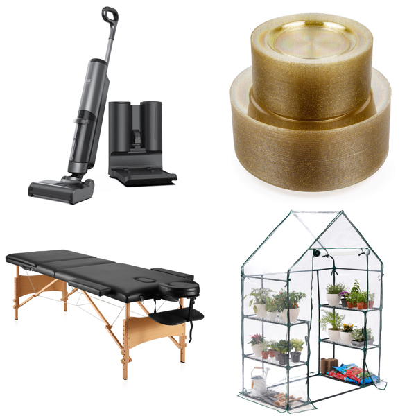 RAW Customer Returns Job Lot Pallet - Cordless Vacuum Cleaner, Mobile Massage Table, Gold Plastic Plates, Foil Greenhouse, Party Tableware, Womens Backpacks, Coffee & Wine Plastic Cups, Plastic Mini Dessert Bowls - 34 Items - RRP €2012.04