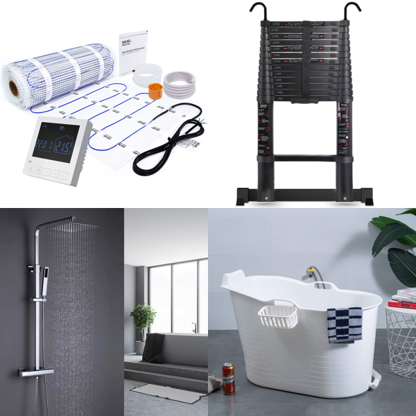 RAW Customer Returns Job Lot Pallet - Underfloor Heating Kit, Shower System, Telescopic Ladder, Mobile Bathtub, Filtering Glass Sand - 28 Items - RRP €1447.78