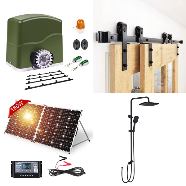 RAW Customer Returns Job Lot Pallet - Automatic Gate Opener, Solar Case, Single Track Kit for Double Sliding Doors, Shower System, Heavy Drawer Runners, Toilet Seats - 81 Items - RRP €2867.14