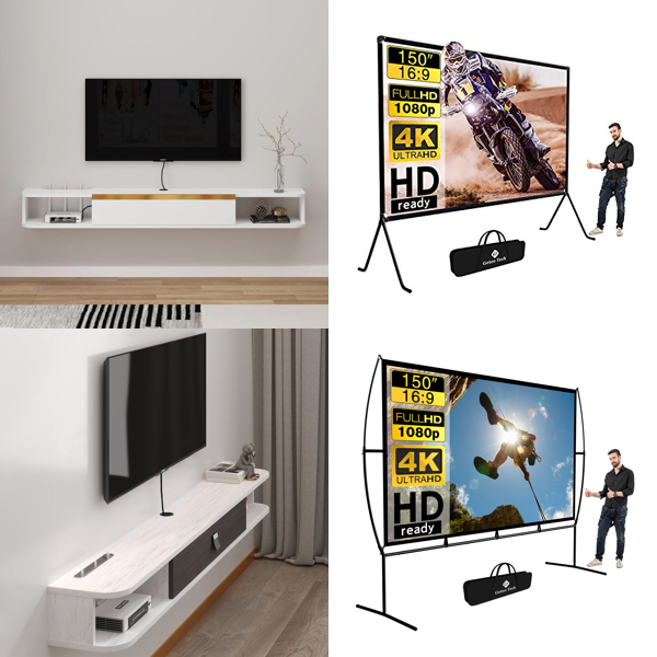 RAW Customer Returns Job Lot Pallet -  TV Cabinets,  Projector Screens , Telescopic Rod Curtain &  Modern LED  Light  -  25 Items - RRP €2263.72